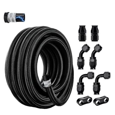 EVIL ENERGY Conductive 8AN PTFE Fuel Line Kit Antistatic E85 Compatible PTFE Fuel Hose Kit 10FT AN8 Nylon Braided Fuel Line Hose Black