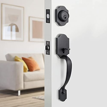 Natsukage Front Door Handle Heavy Duty Entry Lock Matte Black Entrance Set With Single Cylinder Deadbolt and Knob Handle Reversible for Right Left Handed Doors