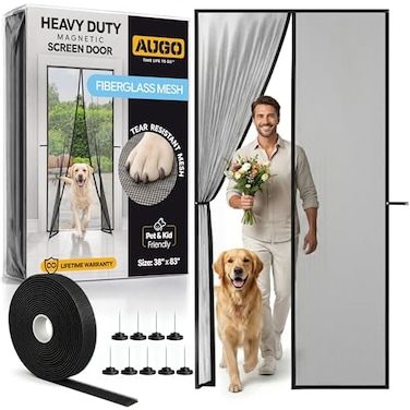 AUGO Heavy Duty Magnetic Screen Door Fiberglass Pet Resistant Mesh Self Sealing Hands Free Magnetic Closure Tear Resistant Door Screen Keeps Bugs Out Patent Pending Keep Open Feature 38 x 83