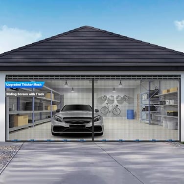LIAMST Sliding Garage Door Screen 8x7FT for 1 Car Garage Doors Magnetic Garage Screen Door with Track Closure Thicker 265g Mesh 8x7Ft Retractable Garage Door ScreenPatent has Been published