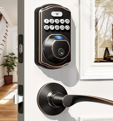 Veise Fingerprint Door Lock with 2 Lever Handles Keyless Entry Door Lock Electronic Keypad Deadbolt Digital Smart Code Front Handle Sets AutoLocking Easy Installation Oil Rubbed Bronze