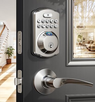 Veise Fingerprint Door Lock with 2 Lever Handles Keyless Entry Door Lock Electronic Keypad Deadbolt Digital Smart Code Front Handle Sets AutoLocking Easy Installation Satin Nickel