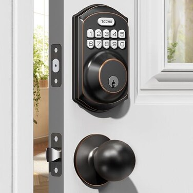 TEEHO TE001K Keyless Entry Door Lock with Handle Electronic Keypad Deadbolt with 2 Knobs HighSecurity Front Door Handle Set for Home Rental Smart AutoLocking Easy Install OilRubbed Bronze