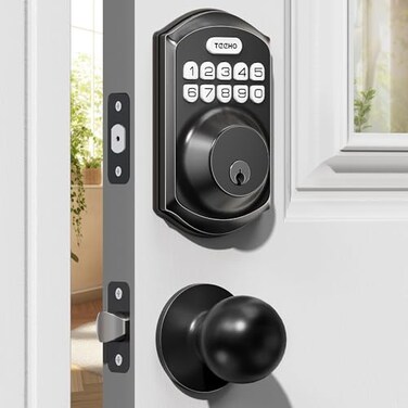 TEEHO TE001K Keyless Entry Door Lock with Handle Electronic Keypad Deadbolt with 2 Knobs HighSecurity Front Door Handle Set for Home Rental Smart AutoLocking Easy Install Matte Black
