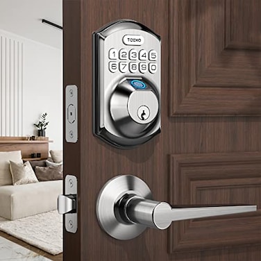 TEEHO TE002L Fingerprint Door Lock with 2 Lever Handles Keyless Entry Deadbolt with Handle Set Electronic Keypad Deadbolt for Front Door Auto Lock and 1 Touch Locking Satin Nickel