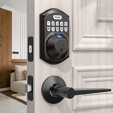 TEEHO TE002L Fingerprint Door Lock with 2 Lever Handles Keyless Entry Deadbolt with Handle Set Electronic Keypad Deadbolt for Front Door Auto Lock and 1 Touch Locking Oil Rubbed Bronze