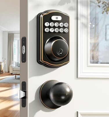Veise Keyless Entry Door Lock with 2 Knobs Electronic Backlit Keypad Deadbolt with Handle Set Auto Lock Onetime Codes Smart Deadbolt for Front Door Easy Installation OilRubbed Bronze
