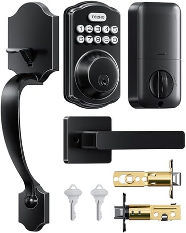 TEEHO TK001H Keyless Entry Door Lock with Handle Set Electronic Deadbolt Keypad Door Lock with Code Smart Locks for Front Door Exterior Door Handle AutoLock Easy to Install Matte Black