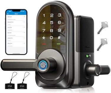 Veise RZ09 Smart Lock 7in1 Keyless Entry with Handle Set APP Control Fingerprint Deadbolt for Front Door Electronic Digital Locks with Keypad Matte Black
