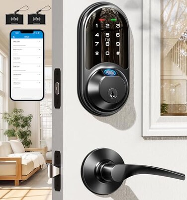Veise RZ07B Smart Locks for Front Door 2 Lever Handles Fingerprint Keyless Entry App Control Biometric Door Lock Set Touchscreen Keypad Deadbolt Easy Install Auto Locking Matte Black