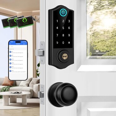 Harfo Fingerprint Smart Door Locks for Front Door with Handle Set App Control Keyless Entry Door Lock Keypad Deadbolt Bluetooth Digital Electronic Touchscreen Easy Install Auto Lock Black