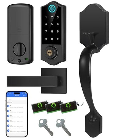 Harfo Fingerprint Smart Door Lock for Front Door with Handle Set App Control Keyless Entry Keyless Deadbolt Digital Electronic Touchscreen Keypad Auto Lock Easy to Install Black