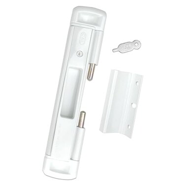 CAL DOUBLE-BOLT LOCK Double Bolt Lock for Sliding Glass Doors Newly Patented Advanced Technology to Keep Your Family Safe and Secure High Security Lock Virtually Burglar Proof White