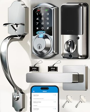 Veise VE07H Fingerprint Smart Locks for Front Door with Handle Set App Control Keyless Entry Keypad Deadbolt Digital Electronic Touchscreen Easy Install Auto Lock Satin Nickel