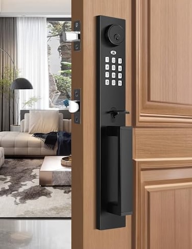 Tinewa Keyless Entry Door Lock with Lever Full Escutcheon Smart Door Handle Digital Keypad Deadbolt with App Front Door Handleset with Single Cylinder Deadbolt and Lever Auto Locking Black Finish