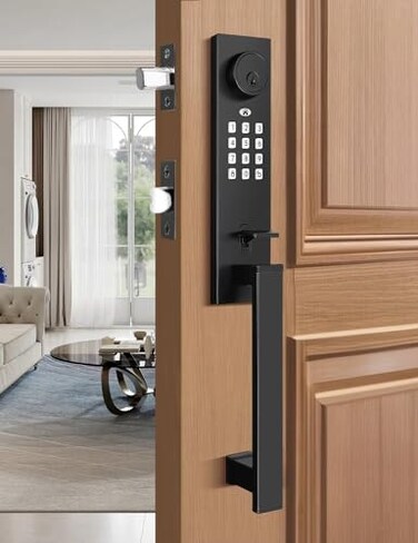 Tinewa Smart Entry Door Lock Set Electronic Full Escutcheon Door Handle Digital Keypad Deadbolt with App Heavy Duty Black Front Door Handle with Single Cylinder Deadbolt Auto Locking