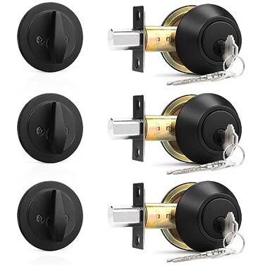 Probrico Keyed Alike Single Cylinder Deadbolts Flat Black Keyway Keys Handleset 3 Keys Interior Exterior Door Hardware for Entrance Lock and Front Gate 3 Pack