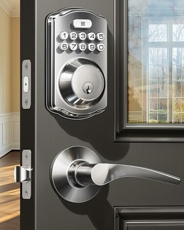 Veise Keyless Entry Door Lock with 2 Lever Handles Electronic Keypad Deadbolt Easy Installation Digital Smart Front Door Lock Set Satin Nickel