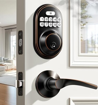 Veise Keyless Entry Door Lock with 2 Lever Handles Electronic Keypad Deadbolt Auto Lock Back Lit Easy Installation Design Front Door Handle Sets Oil Rubbed Bronze