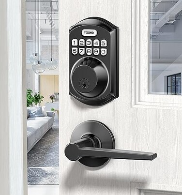 TEEHO TE001L Keyless Entry Door Lock with 2 Handles Electronic Keypad Deadbolt with Door Lever Front Door Handle Sets Auto Lock Easy Installation Matte Black