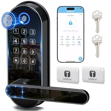 samtechT Bluetooth Fingerprint Smart Lock with Handle Keypad Fits Most US Doors DIY Install Keyless Entry Code FOB AutoLock Ideal for Home Airbnb Rental Kids Seniors Alexa Google Compatible