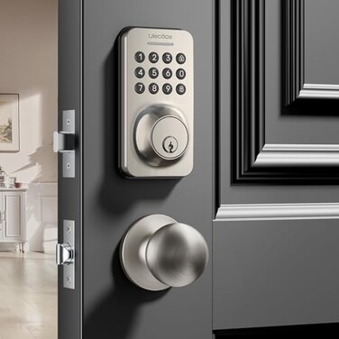 Ulecoce Keyless Entry Keypad Deadbolt with Handle Set Smart Lock AutoLock OneTouch Lock 100 Codes Easy Install Ideal for AirbnbHomesOffices Fits US Standard Front Doors Satin Nickel
