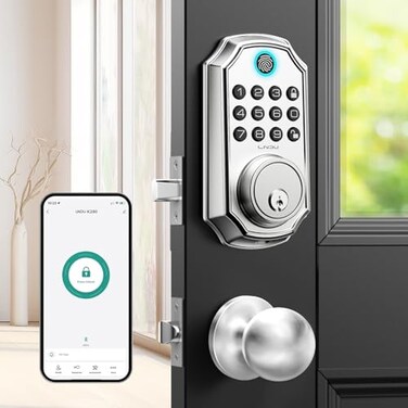 LNDU Keyless Entry Door Lock Smart Deadbolt Lock with Handleset D180 D280 Fingerprint Leveler Sliver