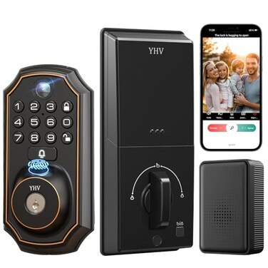 YHV Keyless Entry Door Lock with Camera Fingerprint Smart Door Lock with App Remote Control WiFi Connected Electronic Keypad Code Deadbolt Auto Unlock for Front Door