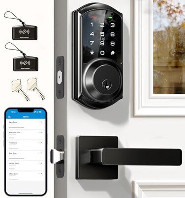 Veise VE06L Smart Locks with 2 Lever Handle Set App Control Keyless Entry Deadbolt for Front Door Electronic Digital Touchscreen Keypad Auto Lock Waterproof Easy Installation Matte Black