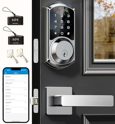 Veise VE06L Smart Locks with 2 Lever Handle Set App Control Keyless Entry Deadbolt for Front Door Electronic Digital Touchscreen Keypad Auto Lock Waterproof Easy Installation Satin Nickel