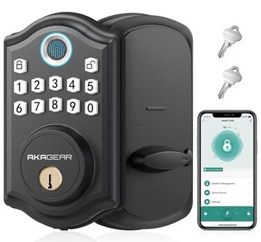 AkaGear Keyless Entry Door Lock with Fingerprint Electronic Keypad Deadbolt Smart Locks for Front Door AutoLock One Touch Locking with Bluetooth Password Code APP Control Matte Black