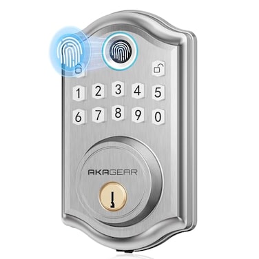 AkaGear Keyless Entry Door Lock with Fingerprint Door Locks with 2 Keys Electronic Keypad Deadbolt Smart Door Locks Smart Locks for Front Door AutoLock One Touch Locking Satin Nickel