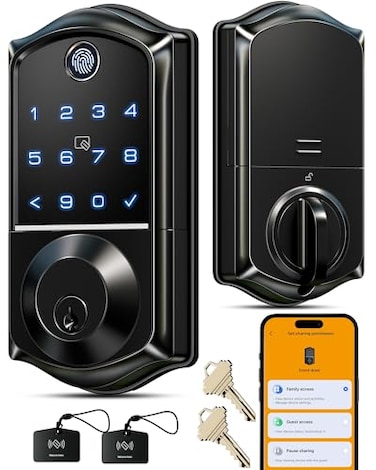 Veise VE017 Fingerprint Smart Door Lock App Control 8in1 Keyless Entry Auto Lock Emergency Power Port Electronic Touchscreen Keypad Biometric Smart Locks for Front Door Matte Black