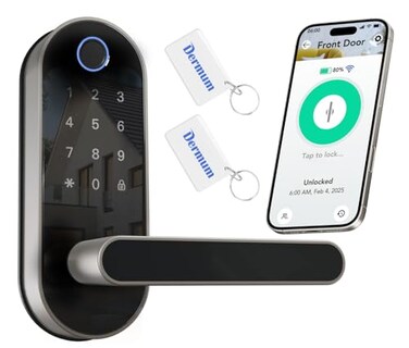 Dermum Keyless Entry Fingerprint Digital Smart Lock with Handle Keypad ElectronicElectric Lock with Code App Control Biometric Deadbolt Door Knob for Front Interior Exterior Bedroom Door Silver
