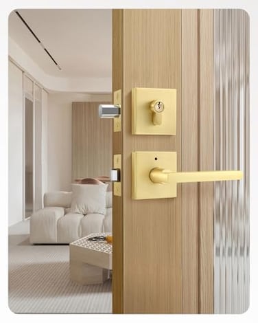 Leydebong 1 Pack Gold Door Handle Set with Single Cylinder Deadbolt Entry Door Locksets with Deadbolt Modern Contemporary Square Design in Zinc Alloy