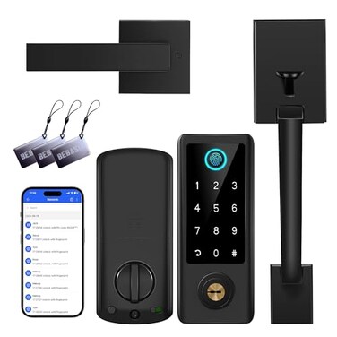 BEBASIA Fingerprint Door Lock with Handle Sets Keyless Entry Door Lock Bluetooth Front Handle Set Smart Deadbolt Electronic Keypad Digital Lock with Handle Black