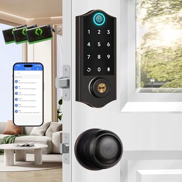 Harfo Fingerprint Smart Door Locks for Front Door with Handle Set App Control Keyless Entry Door Lock Keypad Deadbolt Bluetooth Digital Electronic Touchscreen Easy Install Auto Lock Aged Bronze
