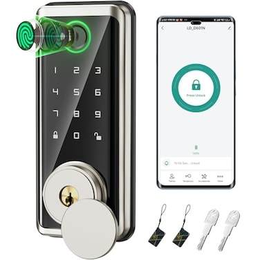 Sophia Keyless Entry Door Lock Smart Auto Locks for Front Door Key Fobs Remote Control Keypad Deadbolt Digital Fingerprint Door Lock with Code Cerraduras Inteligentes IP68 Satin Nickel