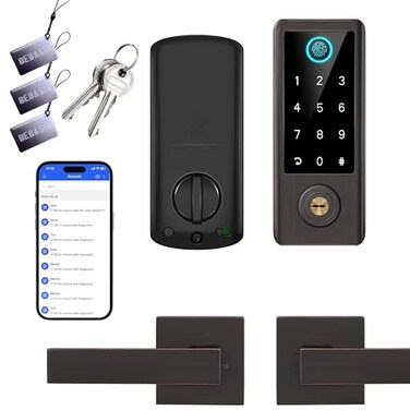 BEBASIA Smart Fingerprint Door Lock with Handle Set Full App Control Electronic Digital Touchscreen Keypad Deadbolt Smart Locks for Front Door Auto Lock Aged Bronze