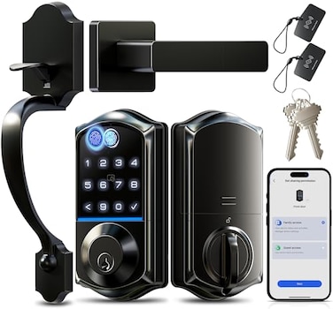 Veise VE017H Fingerprint Smart Front Door Lock Set App Control 8in1 Keyless Entry Deadbolt with Zinc Alloy Handles Emergency Power Port Touchscreen Keypad Auto Lock Easy Install Matte Black