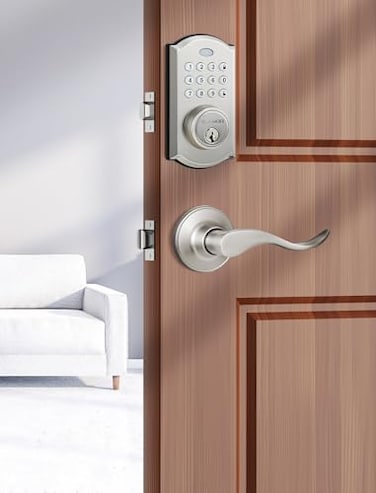 ELAMOR M19 Keyless Entry Door Lock with 2 Lever Handles Auto Lock 50 User Codes EasytoInstall Smart Door Lock for Front Door Waterproof Security Handle Set HomeHotel Use Sand Nickel