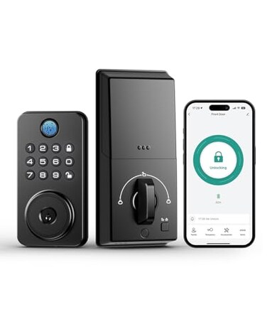 NBBX Fingerprint Door Lock with Handle Smart Keyless Entry Door Lock with App Stores 50 Fingerprints and 50 User Codes IP65 Weatherproof Keypad Deadbolt for Front Interior Doors AutoLock Black