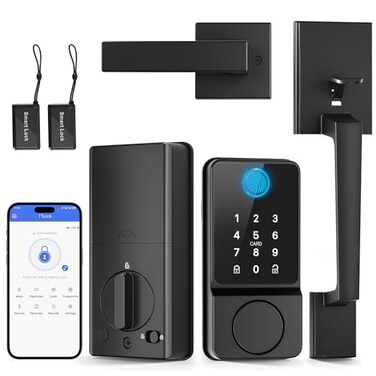 POWIFY Keyless Entry Door Lock with Handle APP Control Smart Front Lock Set Keypad Door Lock with Handle Keypad Deadbolt Auto Lock Easy to Install Bluetooth Black