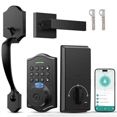 POWIFY Keyless Entry Door Lock with HandleFingerprint Smart Front Door Lock SetAPP Control Electronic Keypad Deadbolt with Lever Handle AntiPeeping Auto Lock Easy Install Black