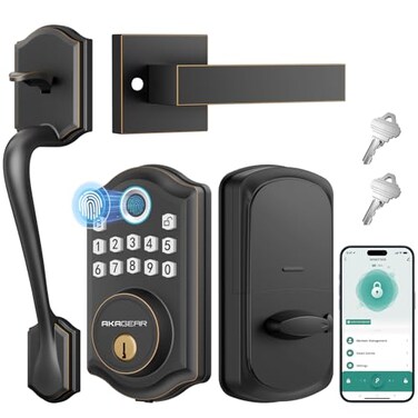 AkaGear DS10 Pro Keyless Entry Door Lock with Handle Set Smart Front Door Locks Set Electronic Keypad Fingerprint Deadbolt Bluetooth APP Control AutoLock One Touch Locking Oil Rubbed Bronze