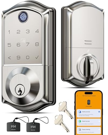 Veise VE017 Fingerprint Smart Door Lock App Control 8in1 Keyless Entry Auto Lock Emergency Power Port Electronic Touchscreen Keypad Biometric Smart Locks for Front Door Satin Nickel
