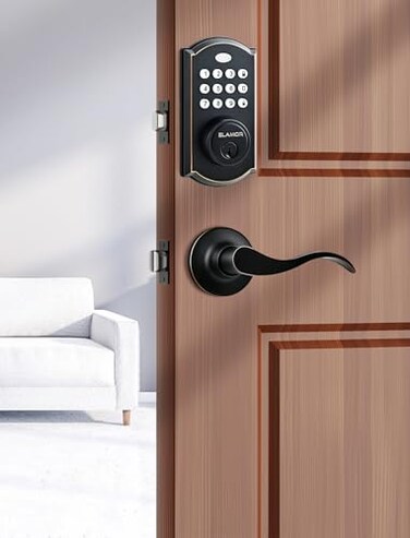 ELAMOR M19 Keyless Entry Door Lock with 2 Lever Handles Auto Lock 50 User Codes EasytoInstall Smart Door Lock for Front Door Waterproof Security Handle Set HomeHotel Use Oil Rubbed Bronze