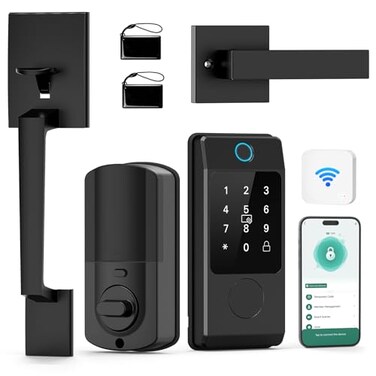 Miuedo WiFi Front Door Lock Sets with Handle Fingerprint Keyless Entry and Smart Keypad with Lever Handles Electronic ScreenWiFi Gateway APP Control AutoLock Voice Control