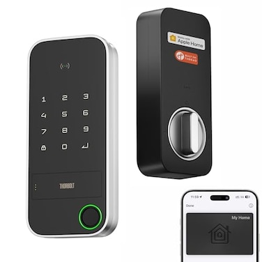 ThorBolt X1 Apple Home Key Tap to Unlock iOS ONLY Fingerprint Keyless Entry HomeKit Door Lock Keypad Deadbolt Lock Works with HomeKit Over Thread Border Router Required IP65 Weatherproof Silver