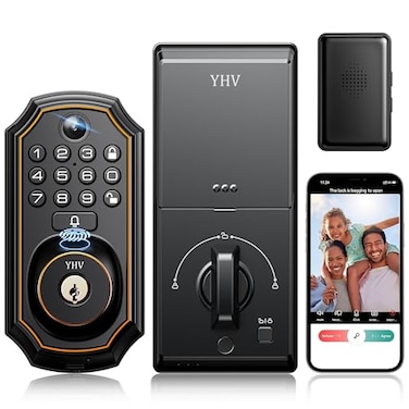 YHV Keyless Entry Door Lock with Camera Electronic Smart Lock Fingerprint Keypad Deadbolt with Code App Remote Control Auto Unlock WiFi Connected Doorbell for Front Door